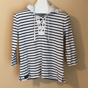 LRL Lauren Jeans Co. Size XL Black & Off-White Striped 3/4 Sleeves Top With Hood